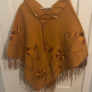 1970s Floral Embroidered Mustard Poncho with Fringe